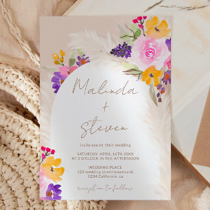 Boho pink floral pampas desert arch wedding invitation