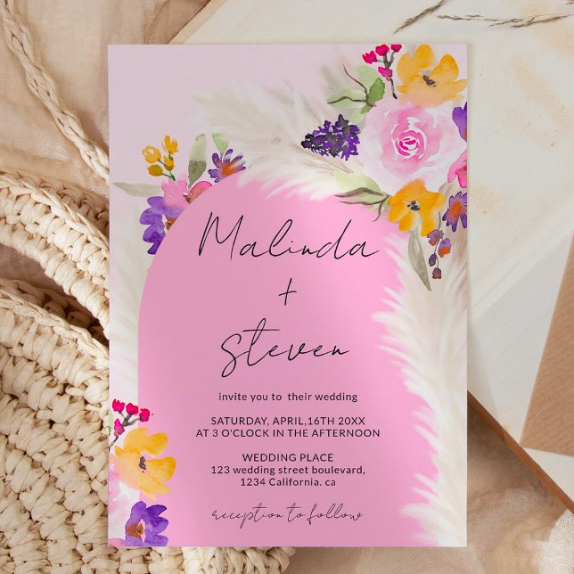 Boho pink floral pampas desert arch wedding invitation (Boho pink floral pampas desert arch wedding invitation on pink)