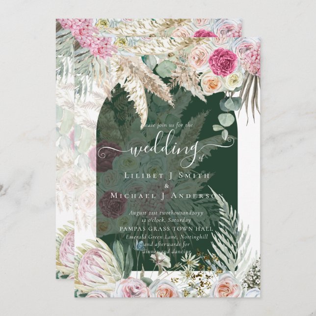BOHO Pink Floral Pampas Grass Wedding Invitation (Front/Back)