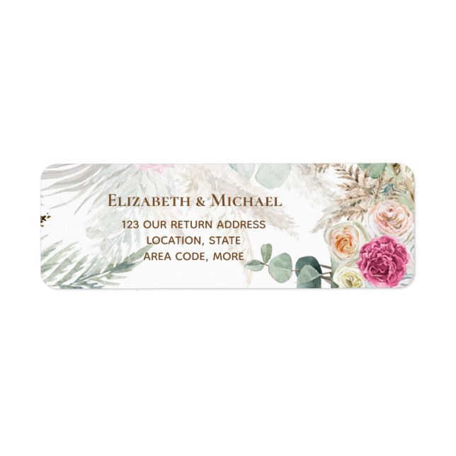 BOHO Pink Floral Pampas Wedding Return Address Label (Front)