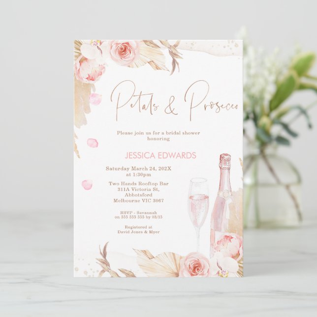 Boho Pink Floral Petals Prosecco Bridal Shower Invitation (Standing Front)