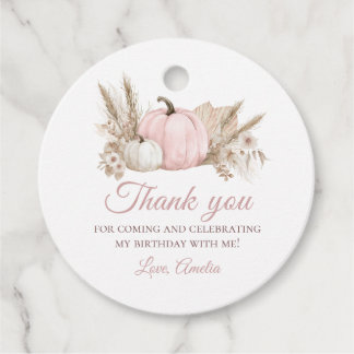 Boho Pink Floral Pumpkin 1st Birthday Favour Tags