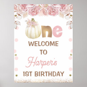 Boho Pink Floral Pumpkin 1st Birthday Welcome Sign