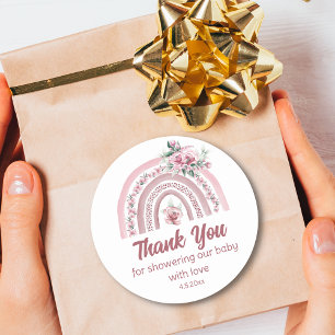 Boho Pink Floral Rainbow Baby Shower Thank You  Classic Round Sticker