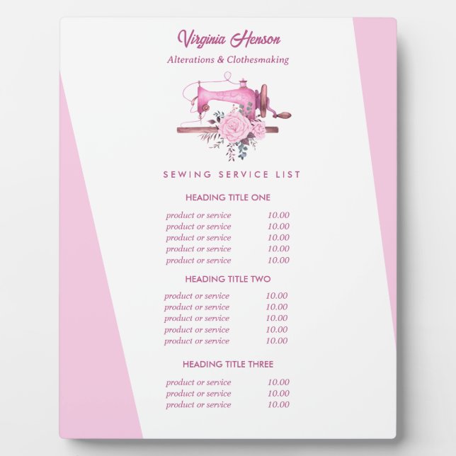 Boho Pink Floral Sewing Machine Seamstress Pricing Plaque (Front)