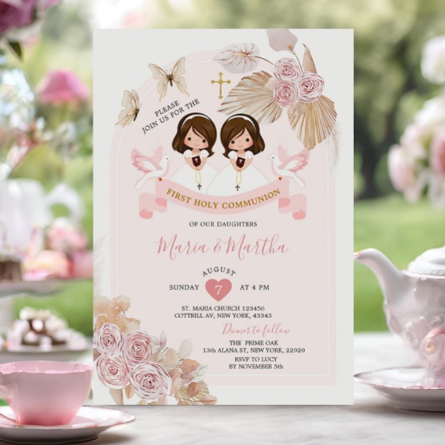 Boho Pink Floral Twin Girl First Holy Communion Invitation (Creator Uploaded)
