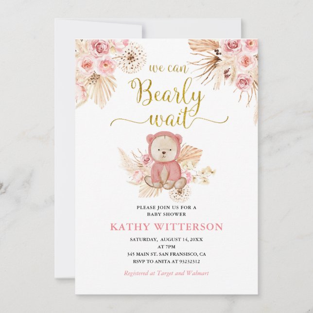 Boho Pink Floral We can Bearly Wait Baby Shower Invitation (Front)