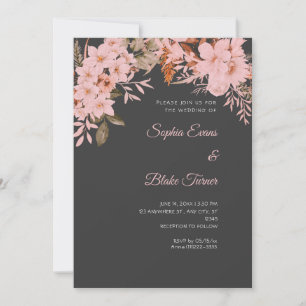 Boho Pink Floral Winter Shadow Grey Wedding Invitation