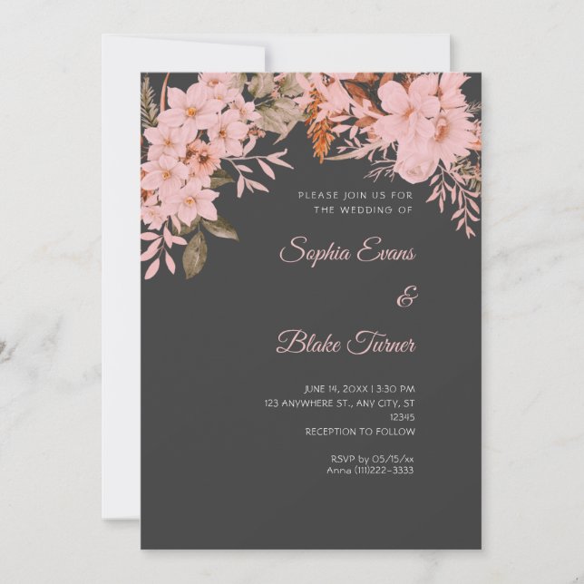 Boho Pink Floral Winter Shadow Grey Wedding Invitation (Front)