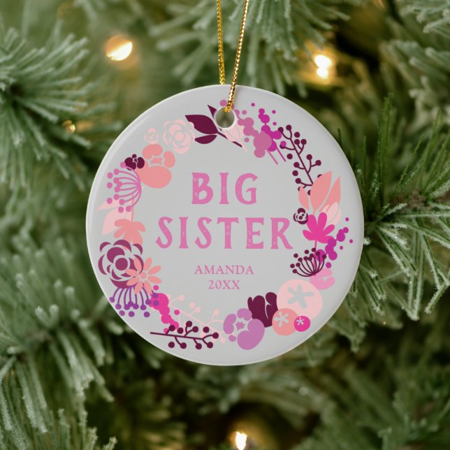 Boho Pink Floral Wreath Personalised Big Sister Ceramic Ornament (Tree)