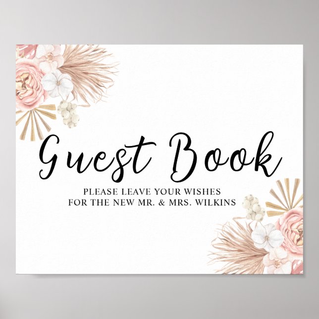 Boho Pink Florals Guestbook Sign (Front)