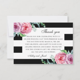 Boho pink flowers. Black and white floral wedding Thank You Card
