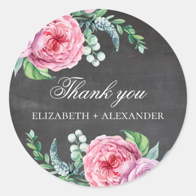 Boho pink flowers. Chalkboard wedding thank you Classic Round Sticker (Front)