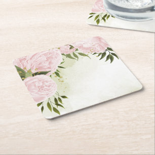 Boho pink flowers green leaves botanical square paper coaster