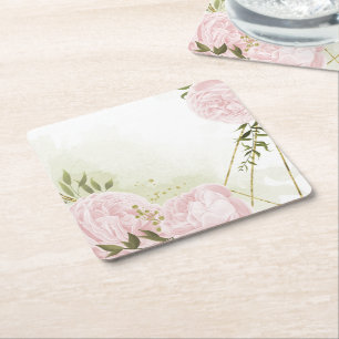 Boho pink flowers green leaves botanical square paper coaster