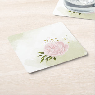 Boho pink flowers green leaves botanical square paper coaster