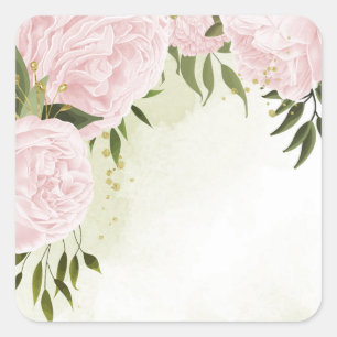 Boho pink flowers green leaves botanical square sticker