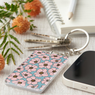 Boho Pink Flowers On Blue Key Ring