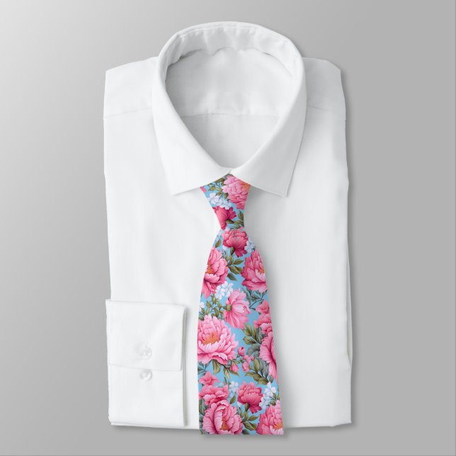 Boho pink flowers on blue tie (Tied)