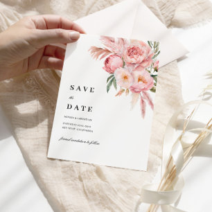 Boho Pink Flowers Pampas Grass Save the Date V.2 Invitation