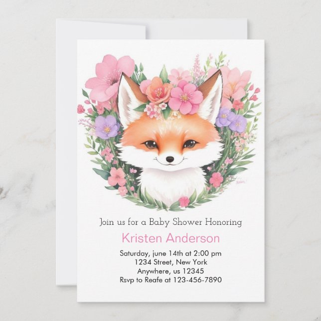 Boho Pink Fox Wildflower Girl Baby Shower Invitation (Front)