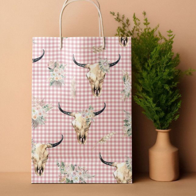 Boho Pink Gingham Cow Skull Floral  Large Gift Bag (Creator Uploaded)