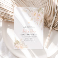 Boho Pink Girls Christening Baptism Invitation