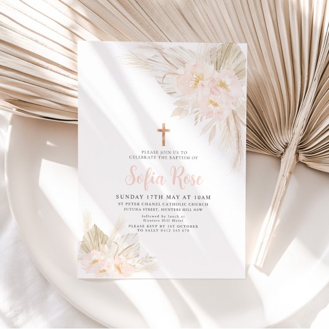 Boho Pink Girls Christening Baptism Invitation (Creator Uploaded)