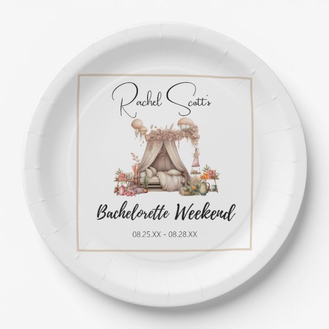 Boho Pink Glamping Bachelorette Party Weekend  Paper Plate (Front)