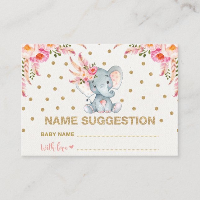 Boho Pink Gold Floral Baby Name Suggestion Card (Front)
