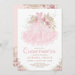 Boho Pink Gold Quinceañera Princess Dress Birthday Invitation