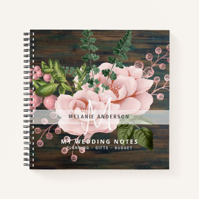 Boho Pink Gold Roses Flowers Wedding Planning Notebook (Front)