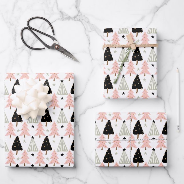 Boho Pink Green Black Christmas Tree Holiday Wrapping Paper Sheet (Front)