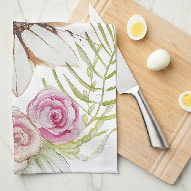 Boho Pink Green Brown White Floral Trendy Tea Towel (Quarter Fold)