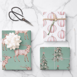 Boho Pink Green Christmas Deer Trees Wrapping Paper Sheet