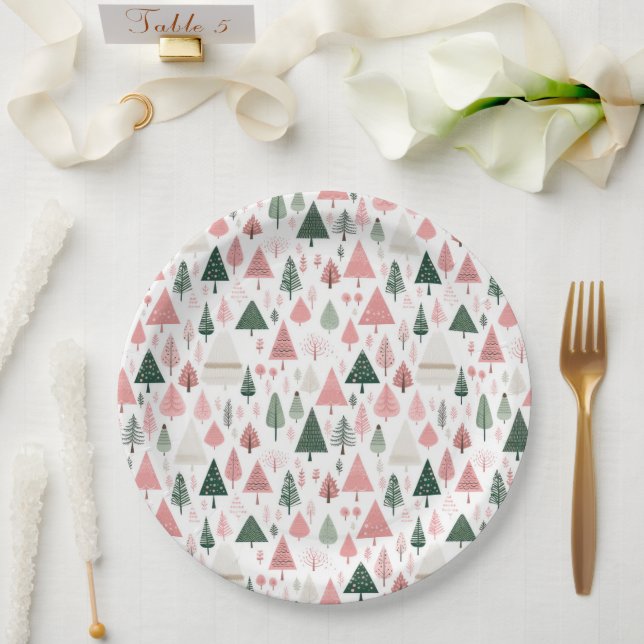 Boho Pink Green Christmas Trees Christmas Holiday  Paper Plate (Wedding)
