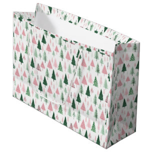 Boho Pink Green Christmas Trees Holiday  Large Gift Bag