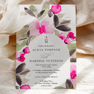 Boho pink green floral watercolor wedding invitation