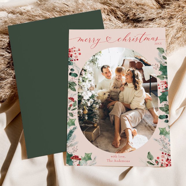 Boho Pink Green Foliage Photo Christmas Card (Creator Uploaded)