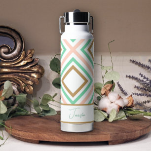 Boho Pink Green Gold Geometric Water Bottle