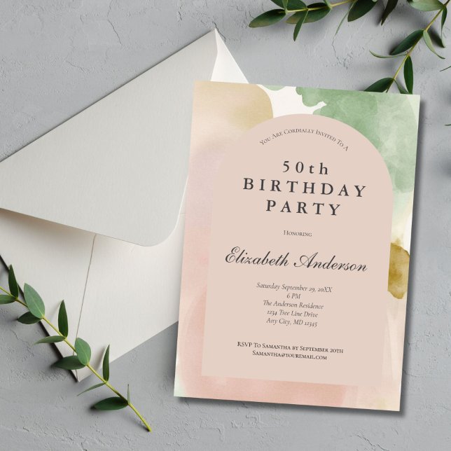 Boho Pink Green Gold Modern Arch 50th Birthday Invitation (Boho Dusty Pink Beige Green Gold Watercolor 50th Birthday invitation for her.)