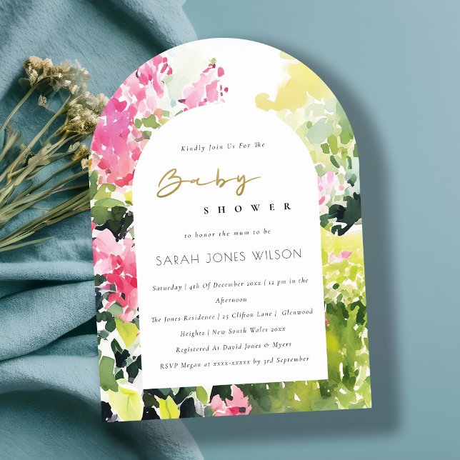 Boho Pink Green Tropical Bougainvillea Baby Shower Invitation (Creator Uploaded)