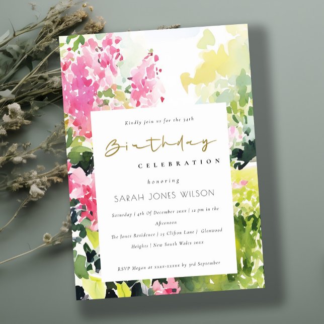 Boho Pink Green Tropical Bougainvillea Birthday Invitation (Creator Uploaded)