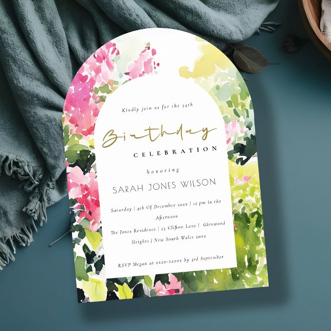 Boho Pink Green Tropical Bougainvillea Birthday Invitation (Creator Uploaded)