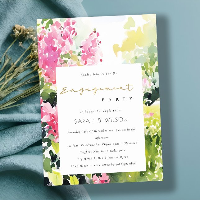 Boho Pink Green Tropical Bougainvillea Engagement Invitation (Creator Uploaded)