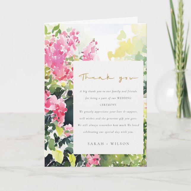 Boho Pink Green Tropical Bougainvillea Wedding Thank You Card (Front)