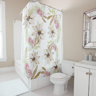 Boho Pink Green White Brown Floral Elegant Trendy Shower Curtain