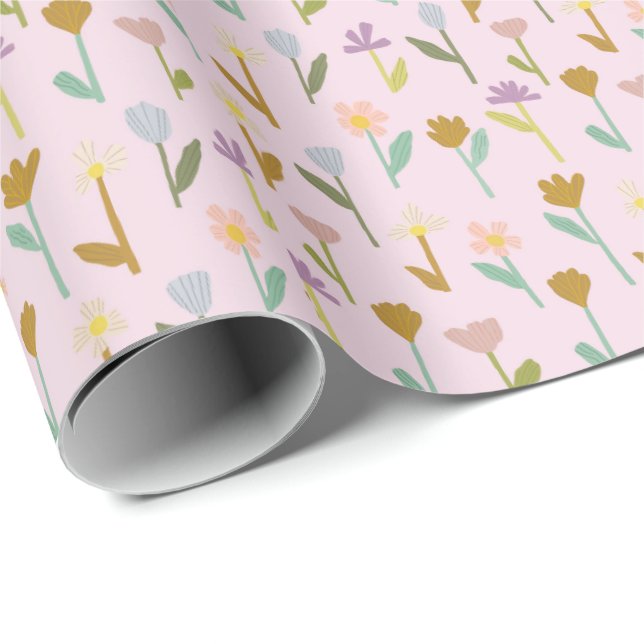 Boho Pink Hand Drawn Floral Pattern Wrapping Paper (Roll Corner)