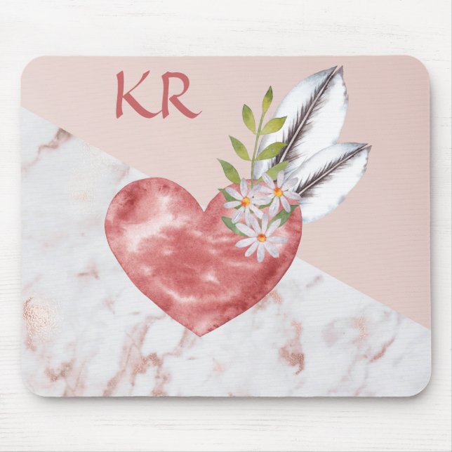 Boho Pink Heart Feathers Daisy Marble Pattern Mouse Pad (Front)