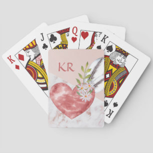 Boho Pink Heart Feathers Daisy Marble Pattern Playing Cards